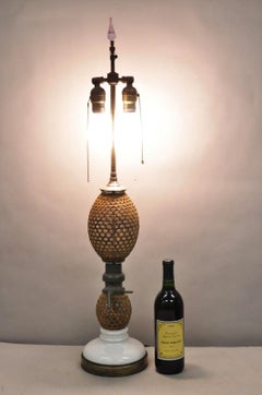 Antique French Victorian Rattan Wrapped Blown Glass Seltzer Bottle Table Lamp