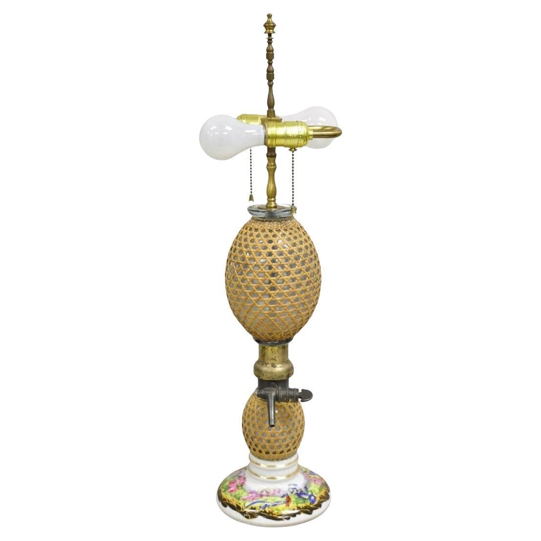 Antique French Victorian Rattan Wrapped Blown Glass Seltzer Bottle Table Lamp