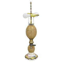 Antique French Victorian Rattan Wrapped Blown Glass Seltzer Bottle Table Lamp