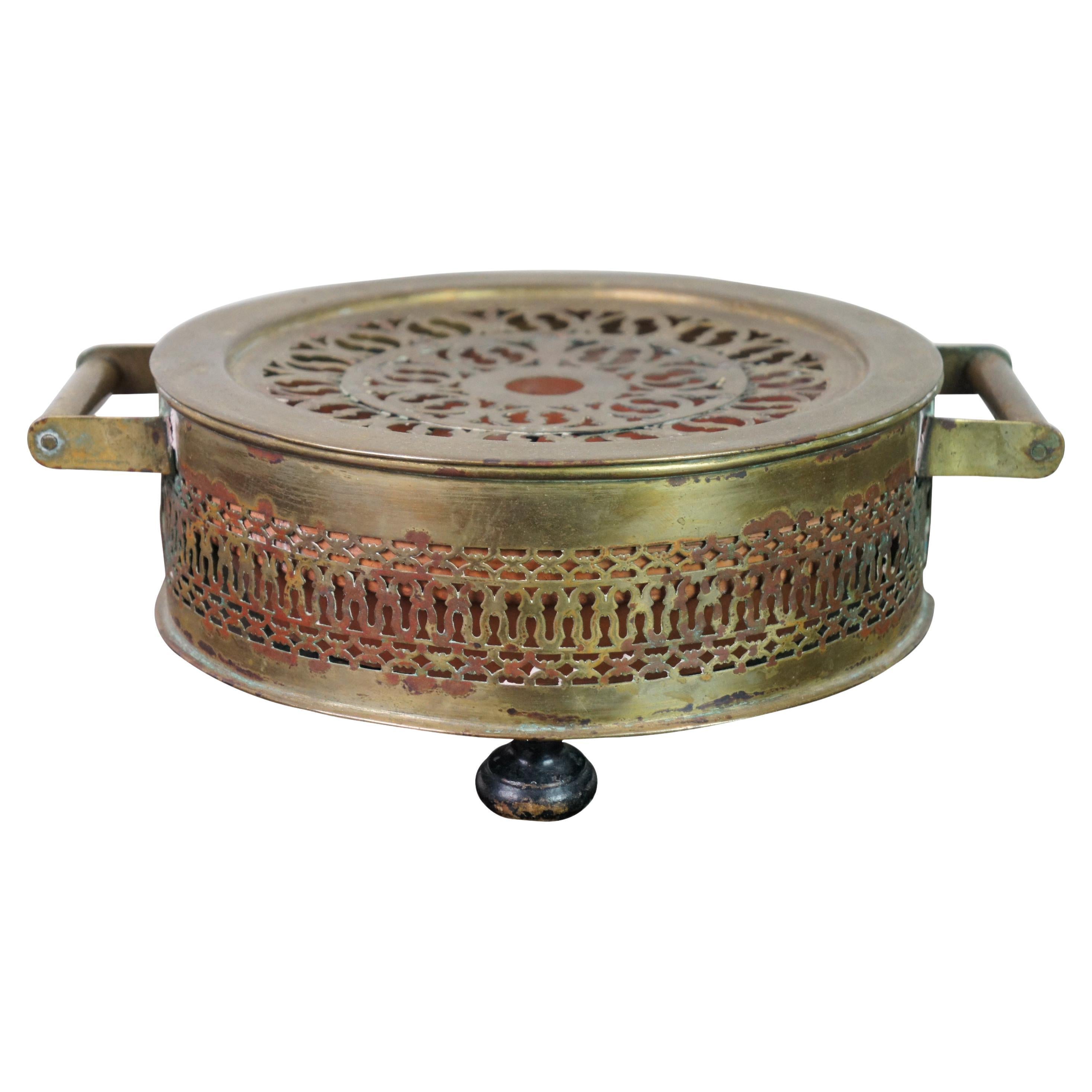Antique French Victorian Reticulated Round Brass Foot Warmer Burner For Sale