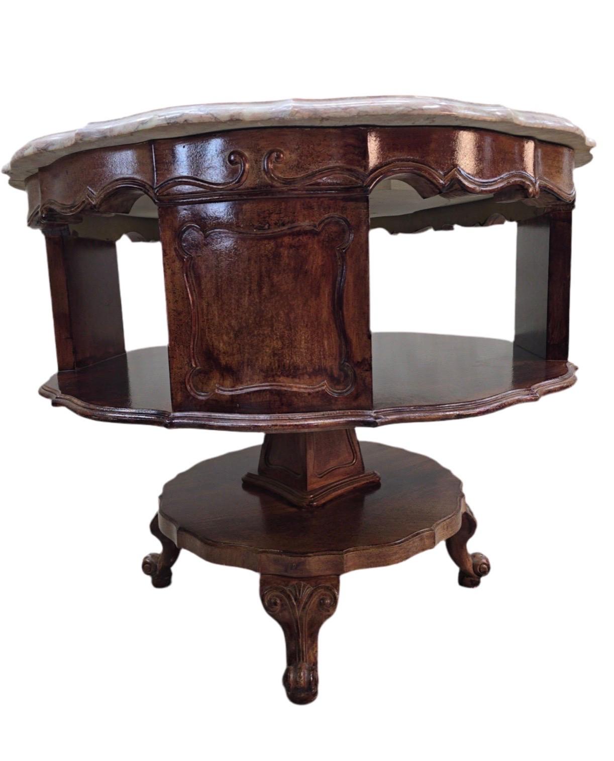 20th Century Antique French Victorian Rotating Pink Marble Top Drum Table For Sale