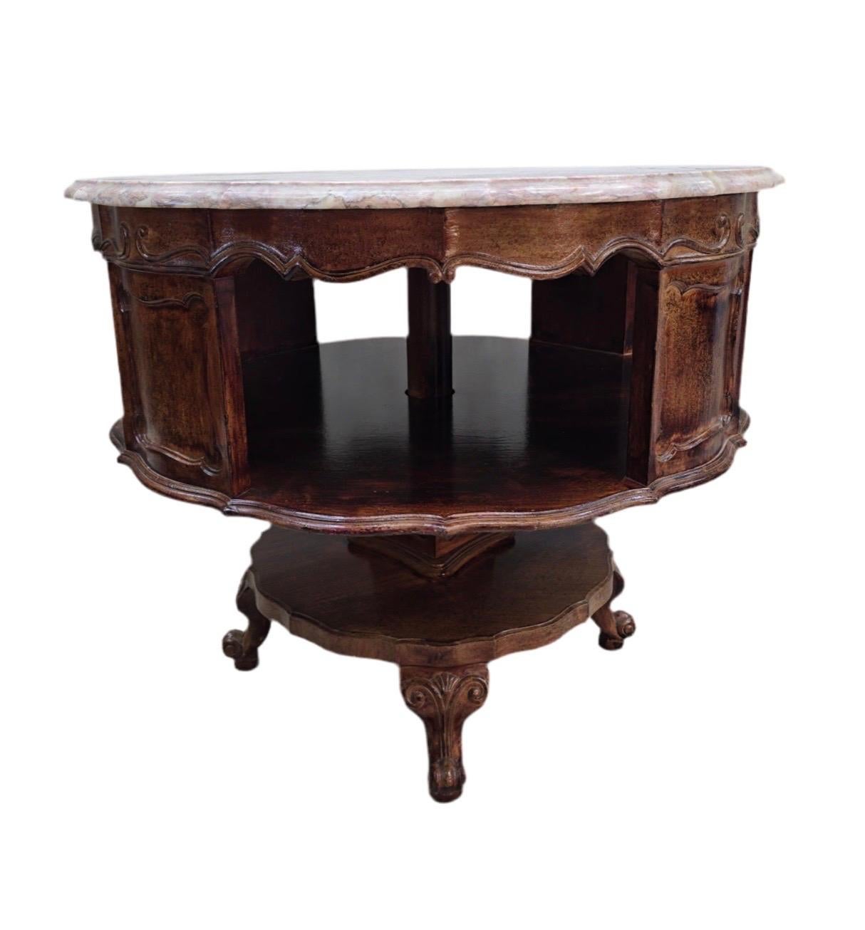 Antique French Victorian Rotating Pink Marble Top Drum Table For Sale 1