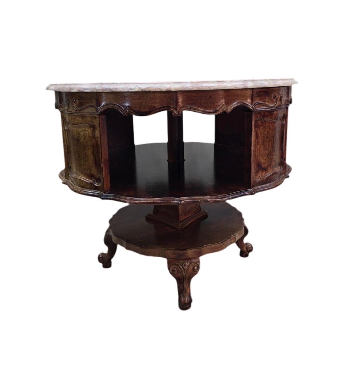 Antique French Victorian Rotating Pink Marble Top Drum Table For Sale 2