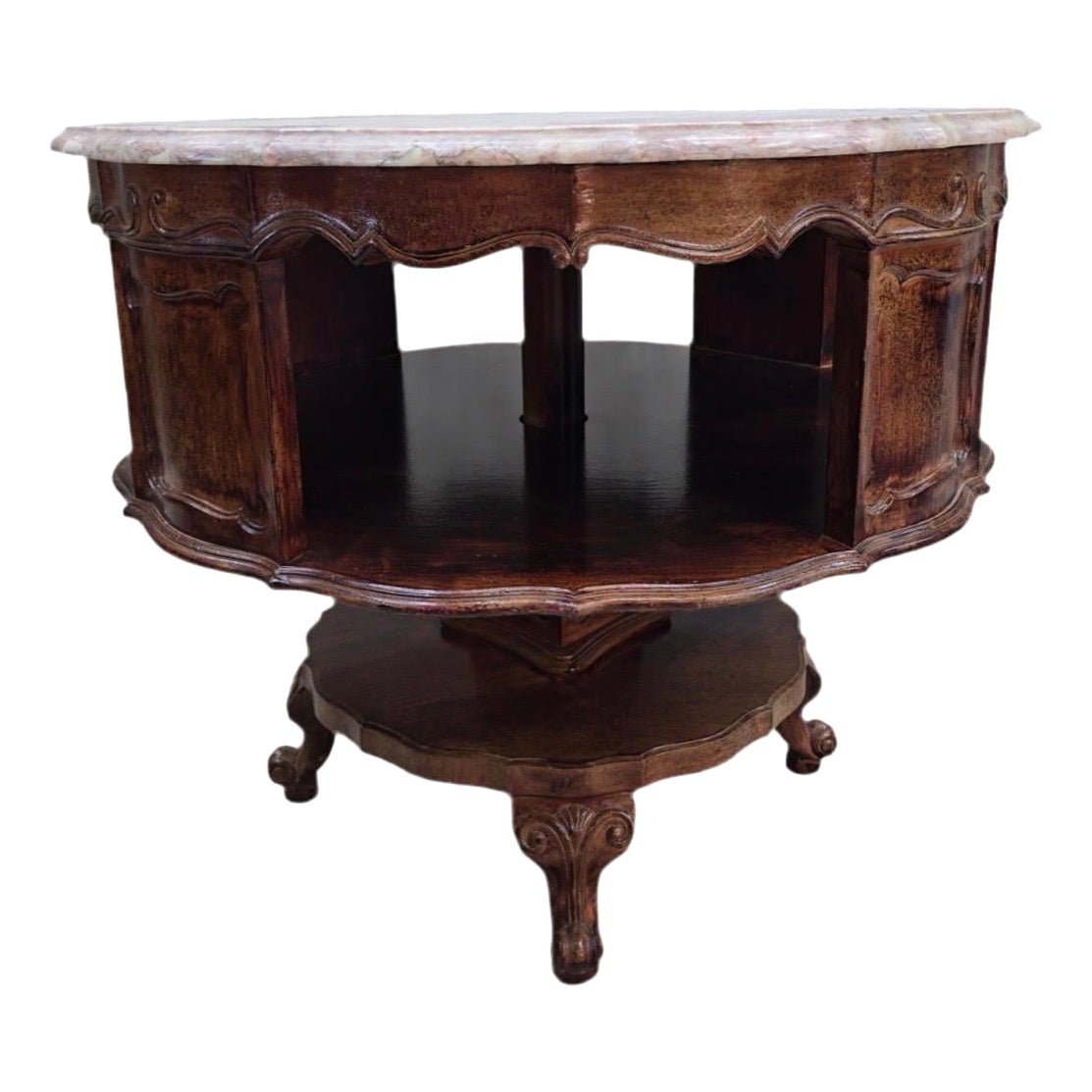 Antique French Victorian Rotating Pink Marble Top Drum Table For Sale
