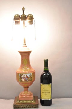 Antique French Victorian Salmon Coral Pink Porcelain Hand Painted Urn Table Lamp