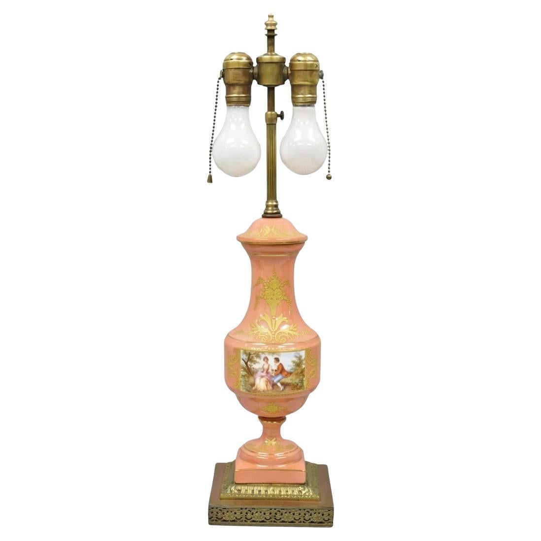 Antique French Victorian Salmon Coral Pink Porcelain Hand Painted Urn Table Lamp