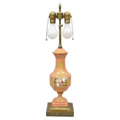 Antique French Victorian Salmon Coral Pink Porcelain Hand Painted Urn Table Lamp