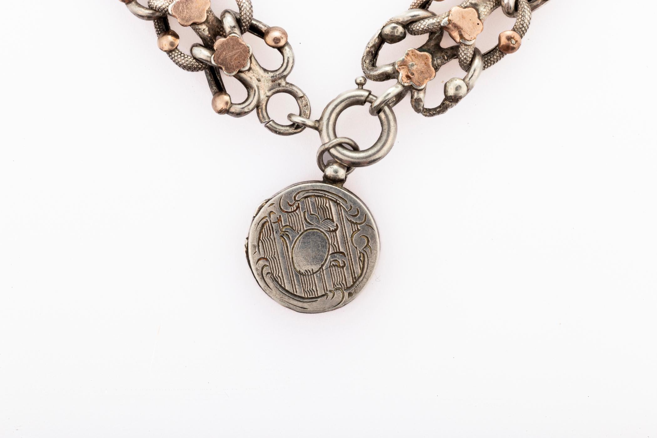 Antique French Victorian Silber und Rose Gold Armband mit Geheimnis Medaillon Charme für Damen oder Herren im Angebot