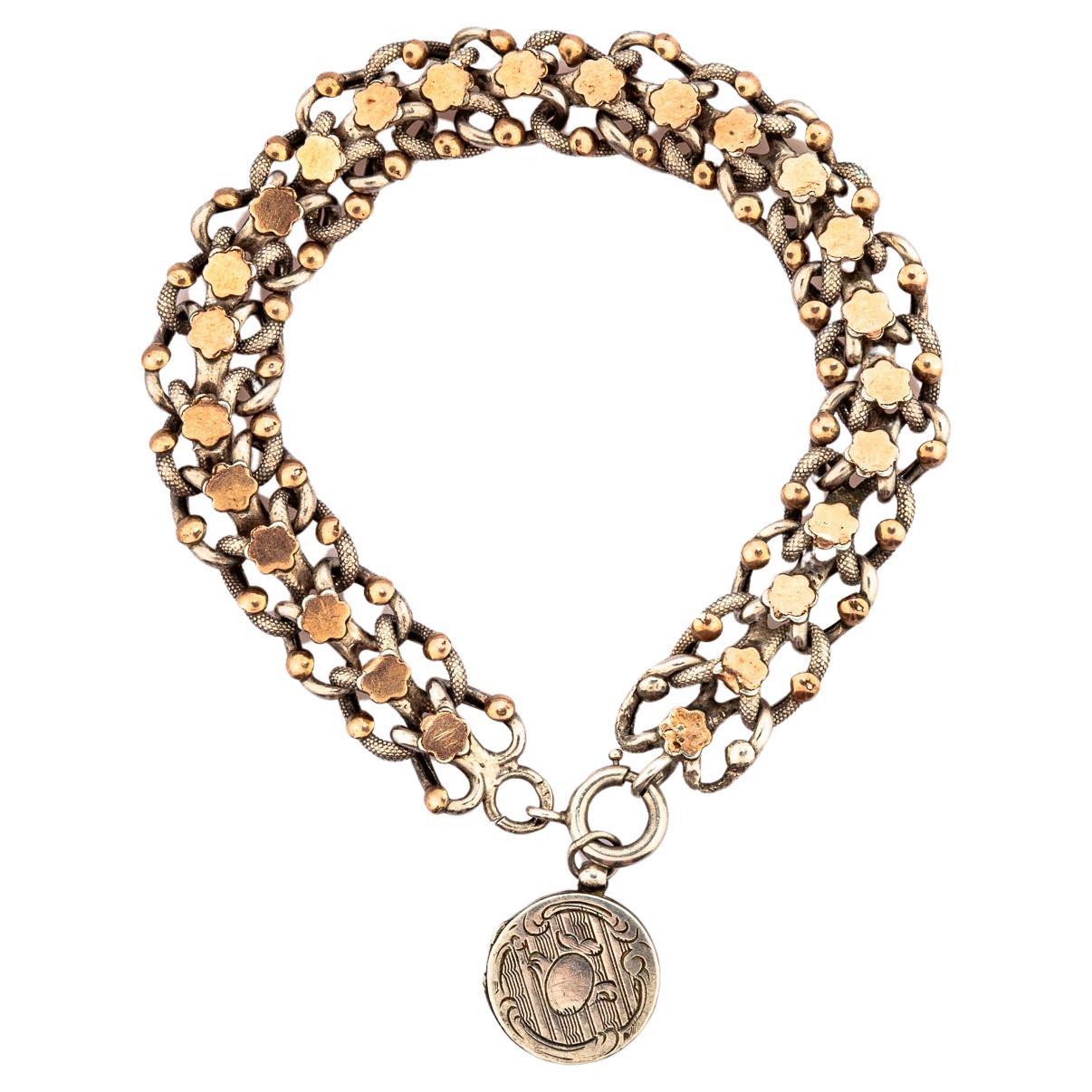 Antique French Victorian Silber und Rose Gold Armband mit Geheimnis Medaillon Charme im Angebot