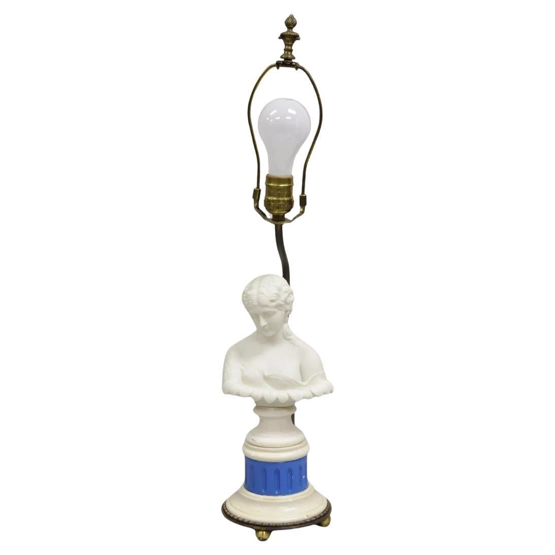 Petite lampe de bureau boudoir victorienne française ancienne en porcelaine blanche avec buste de femme