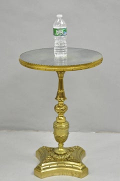 Antique French Victorian Solid Brass Round Glass Top Small Pedestal Side Table
