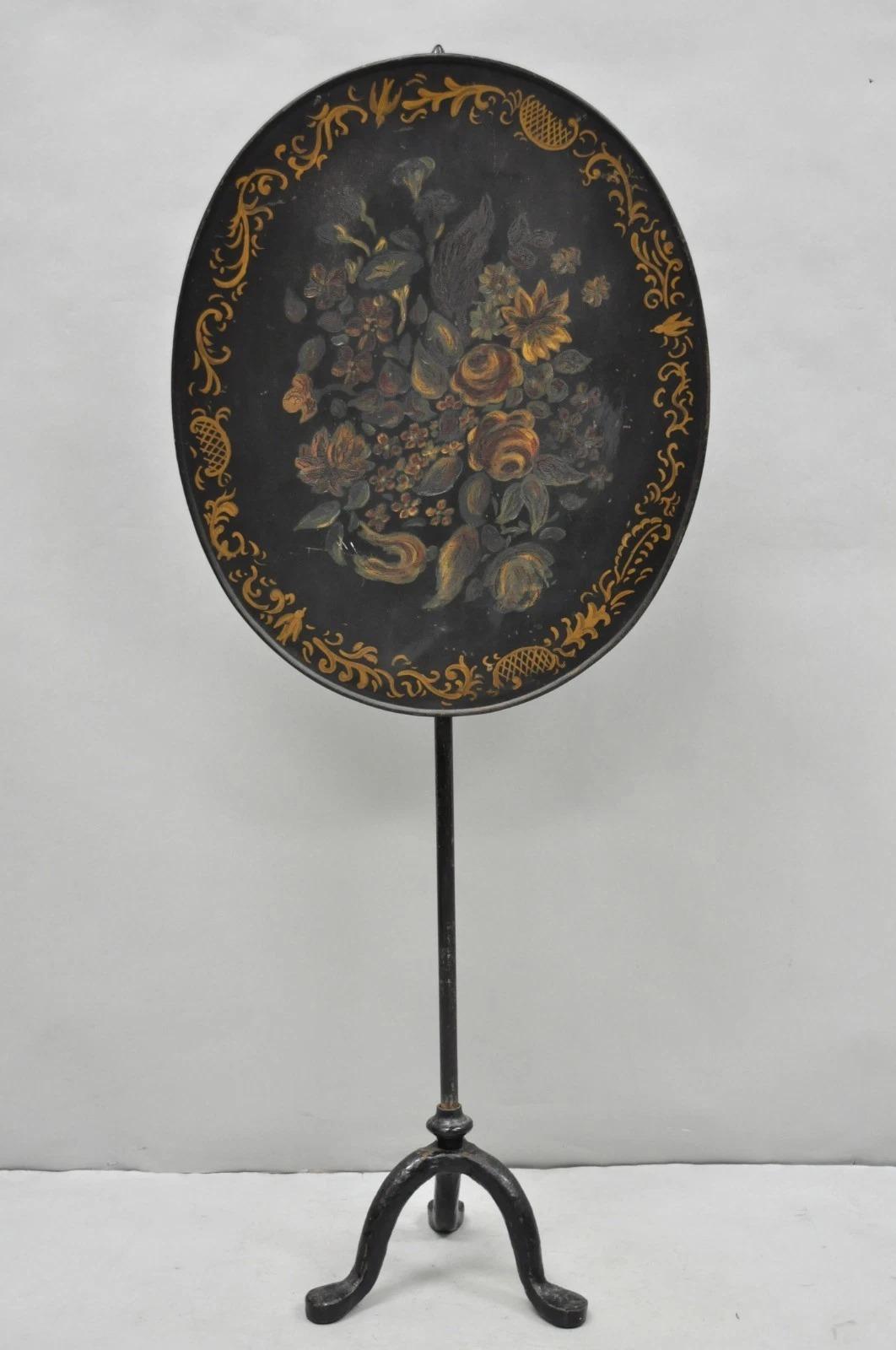 Antique French Victorian Tole Metal dipinto a mano con fiori e parafuoco regolabile in vendita 9