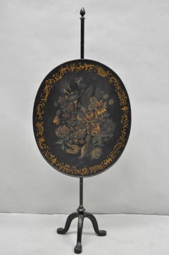 Antique French Victorian Tole Metal Hand Painted Floral Adjustable Firescreen