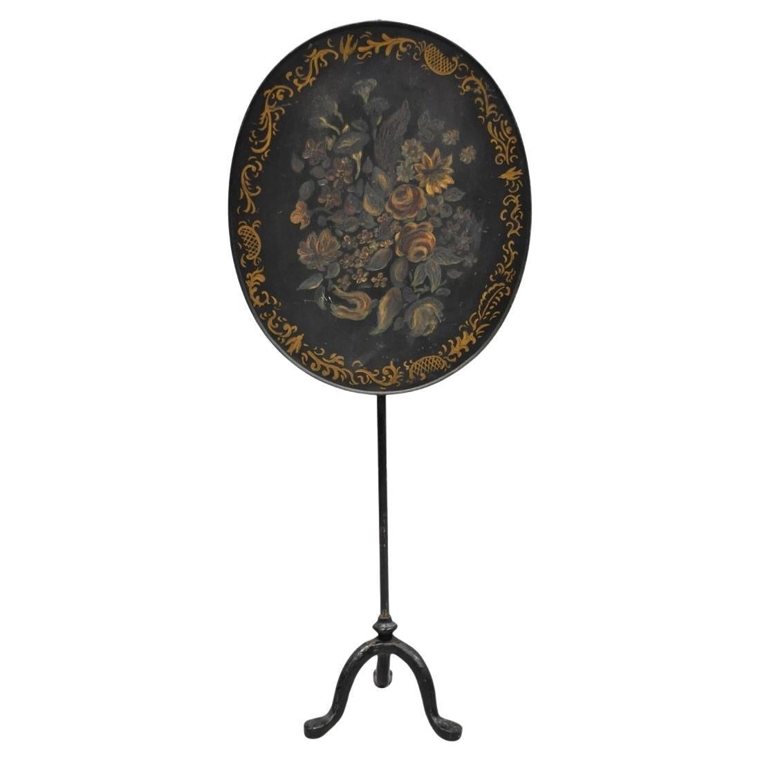 Antique French Victorian Tole Metal Hand Painted Floral Adjustable Firescreen