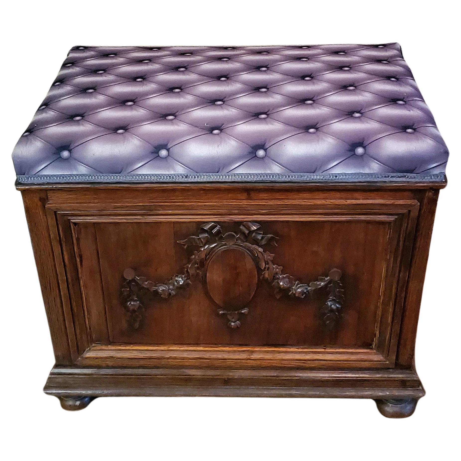 Antique French Victorian Trompe-l'œil Roble tallado Cofre para mantas Banco otomano
