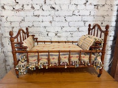 Antique French Victorian Turned Wood Doll Bed with Elaborate Miniature Bedding