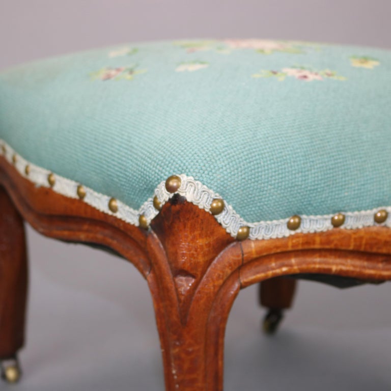 Antique French Victorian Walnut and Floral Needlepoint Footstool, Circa