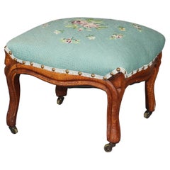 Antique French Victorian Walnut & Floral Needlepoint Footstool, Circa 1890