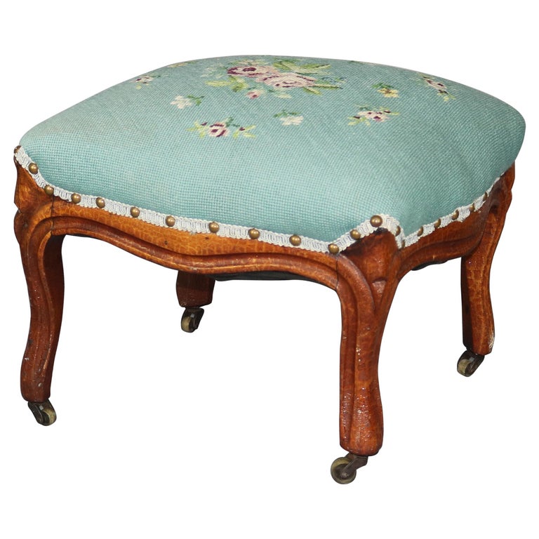Antique French Victorian Walnut and Floral Needlepoint Footstool, Circa