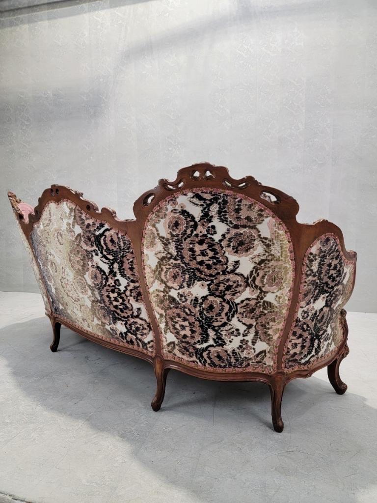Mohair Antique French Victorian Walnut Tufted Back Bergere Sofa Newly Upholstered For Sale