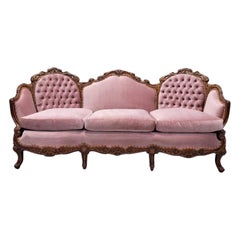 Antique French Victorian Walnut Tufted Back Bergere Sofa Newly Upholstered