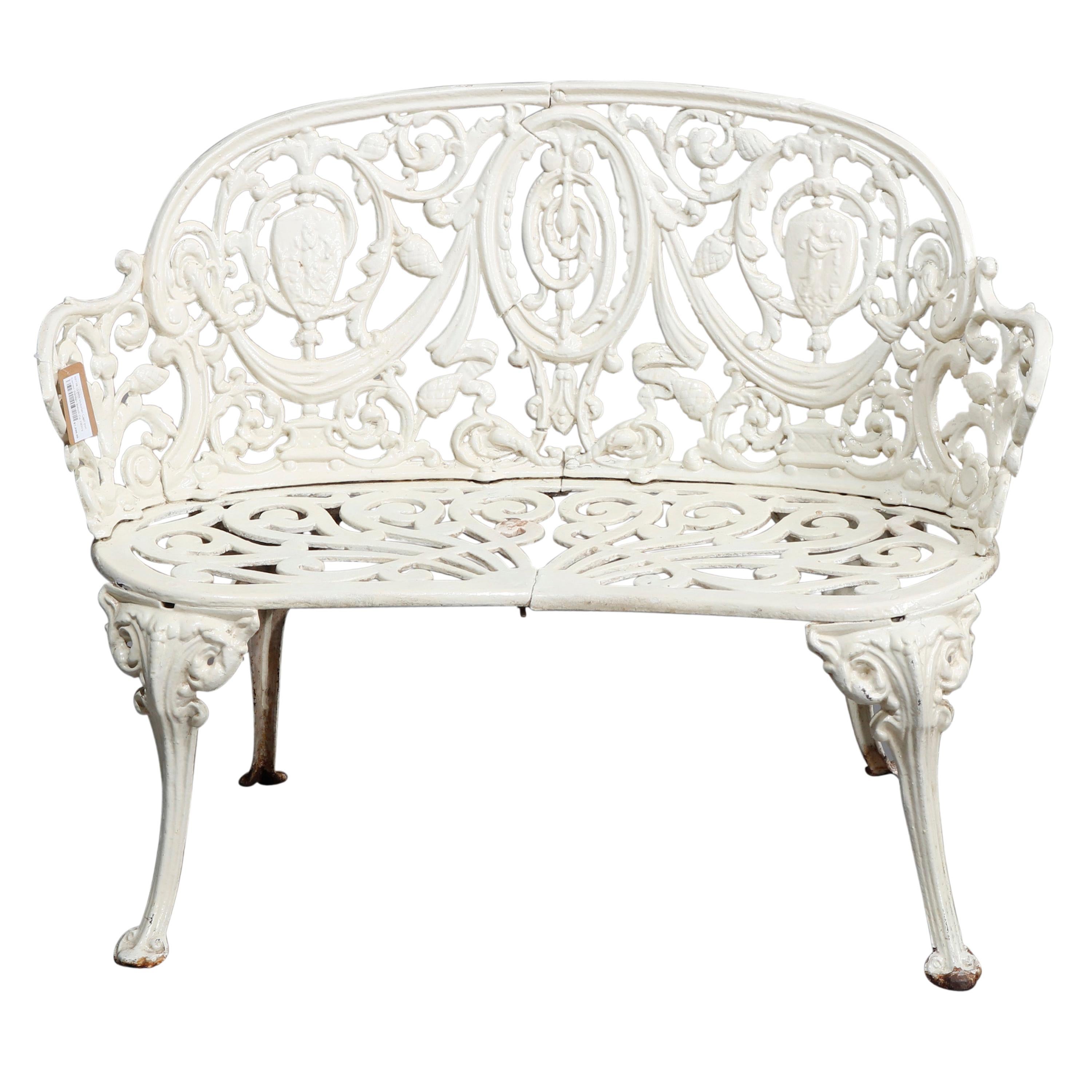 Antique French Victorian White Painted Cast Iron Cameo Garden Bench, circa 1890