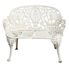 Vintage French Victorian White Painted Cast Iron Cameo Garden Bench, circa 1890