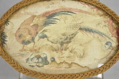 Antiker französischer viktorianischer Fasanenvogel-Wandteppich, ovales Bar-Serviertablett aus Korbweide