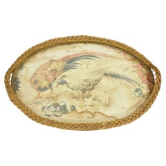 Antique plateau de service de bar ovale victorien français en osier avec tapisserie d'oiseaux faisans