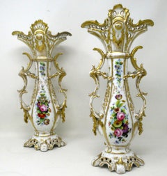 Antique French Vieux Paris Gilt Porcelain Vases Urns Flowers Sèvres Style, Pair