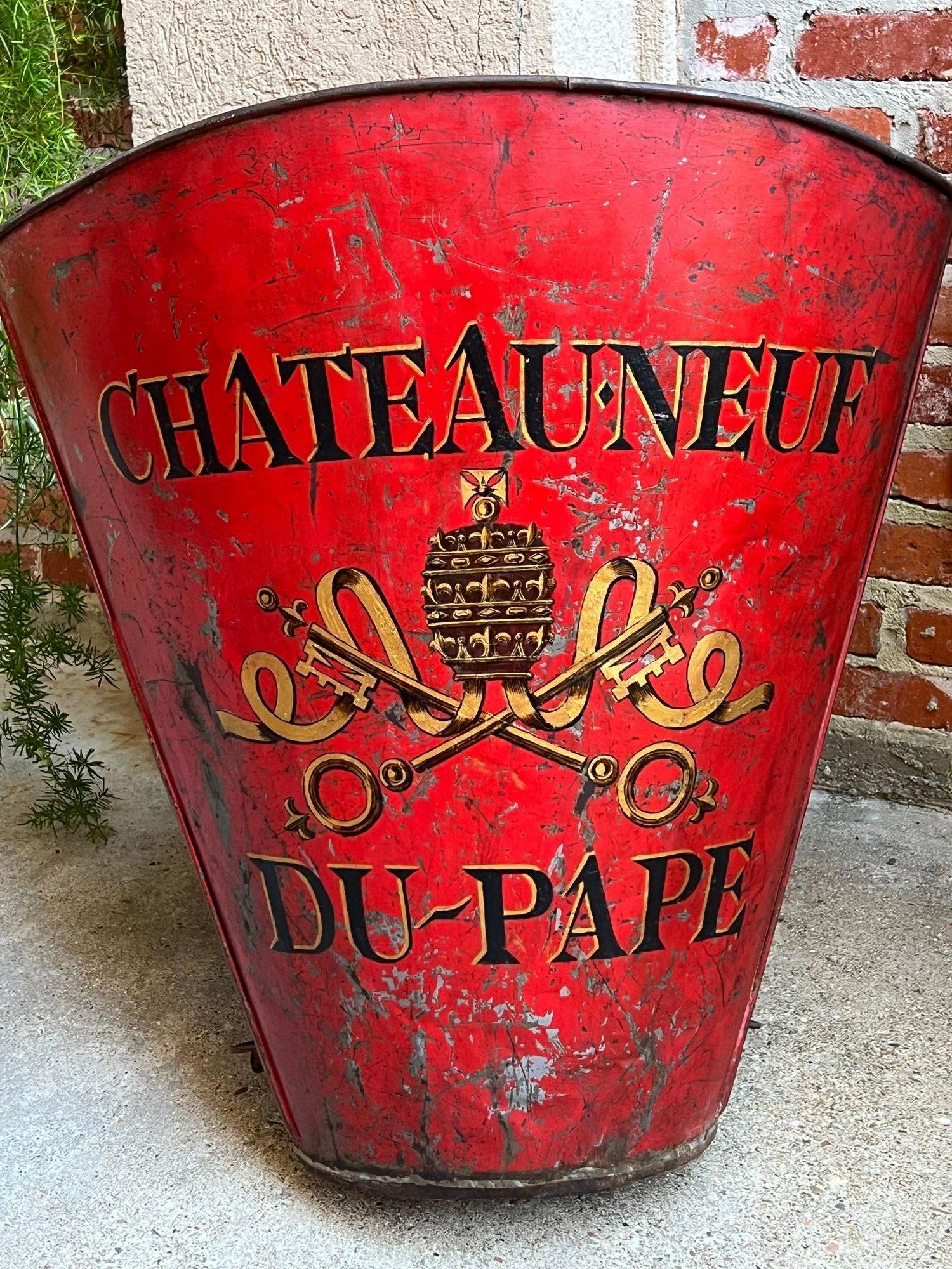 Hand-Painted Antique French Vineyard Grape Hod Wine Bucket Winery RED Urn Fireside Box c1890 For Sale