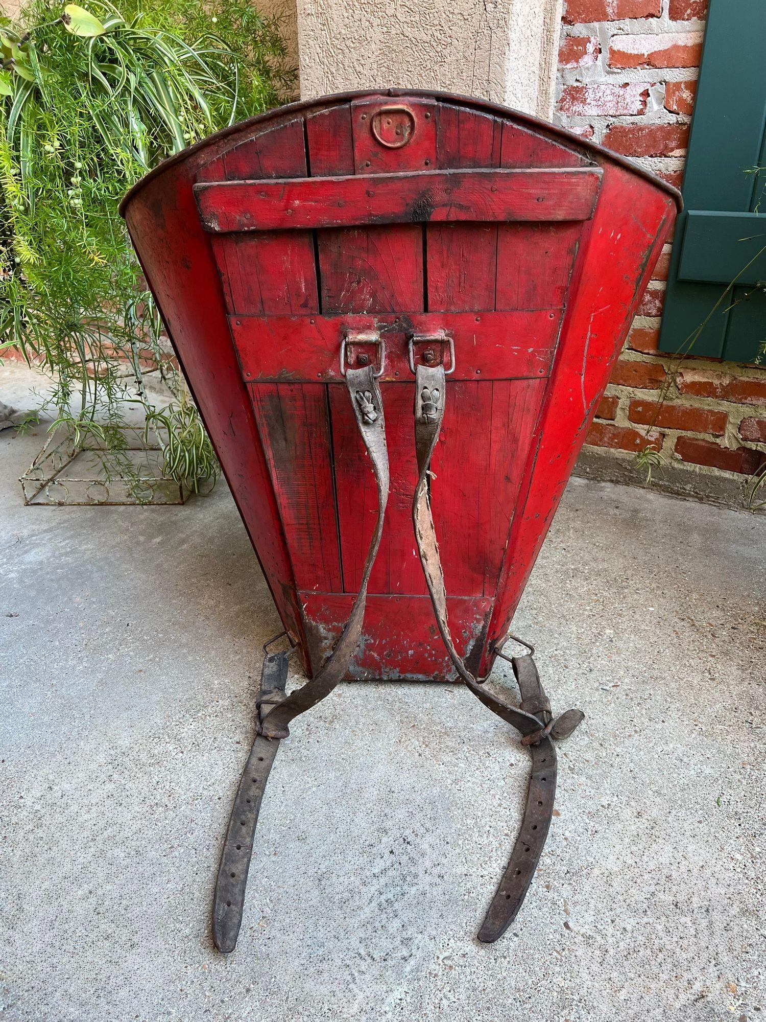 Antique French Vineyard Grape Hod Wine Bucket Winery RED Urn Fireside Box c1890 For Sale 1
