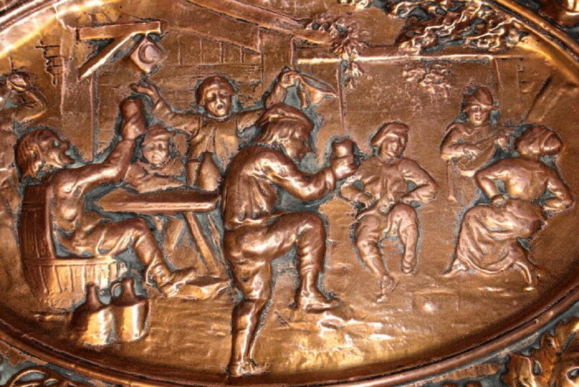 Antique French Vintage Copper Embossed Wall Plaque Party People Dancing For Sale 1