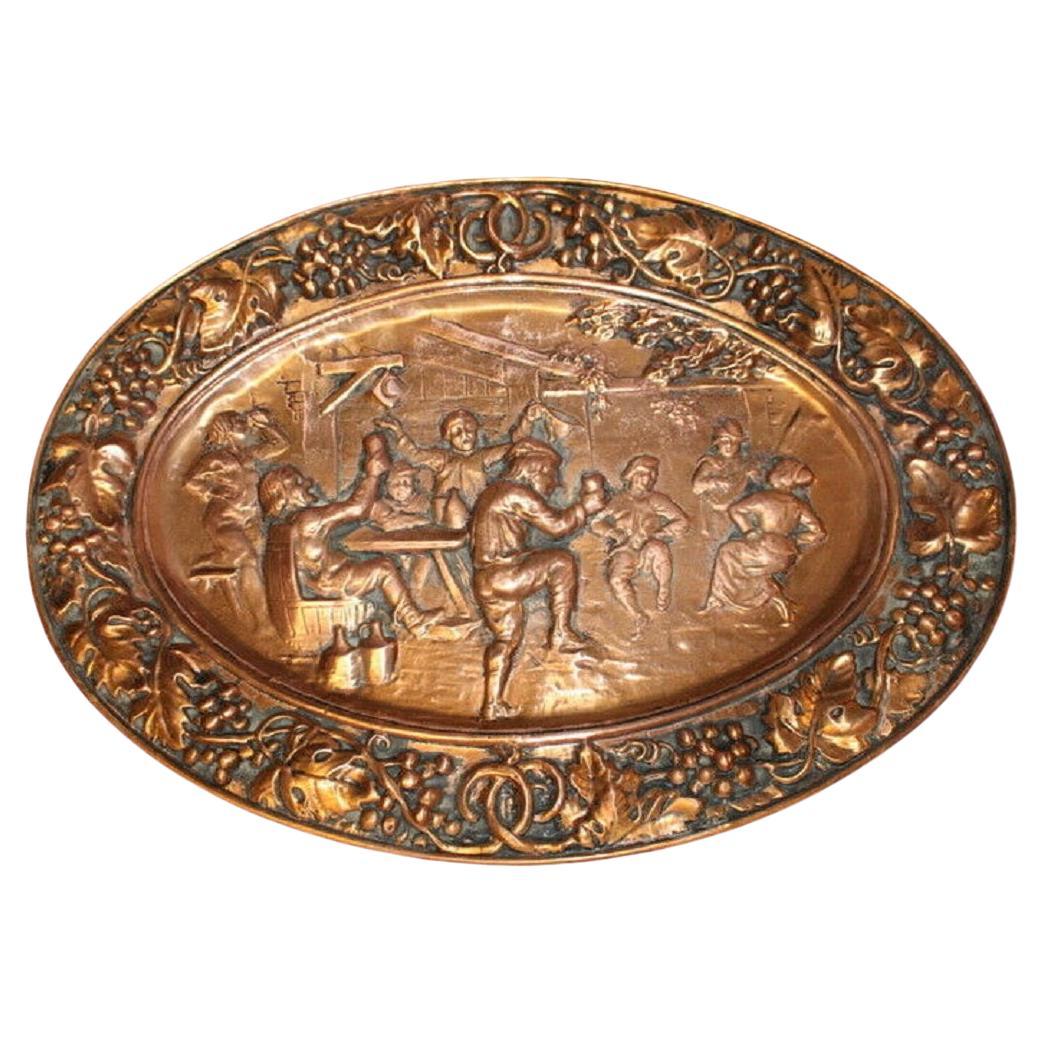 Antique French Vintage Copper Embossed Wall Plaque Party People Dancing For Sale