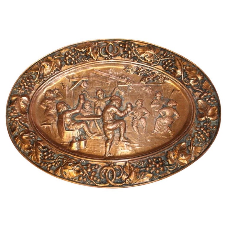 Antique French Vintage Copper Embossed Wall Plaque Party People Dancing For Sale at 1stDibs