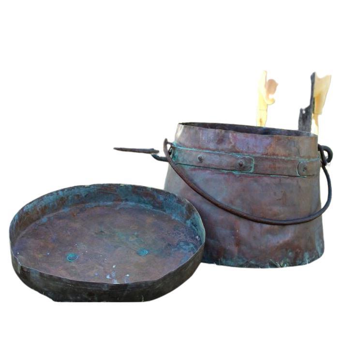 Antique French vintage large hand forged hammered copper Cauldron pot with lid. Very good antique condition, Solid antique copper cauldron with iron forged handle. This generously sized pot has a lovely patina throughout and a sturdy cast swing