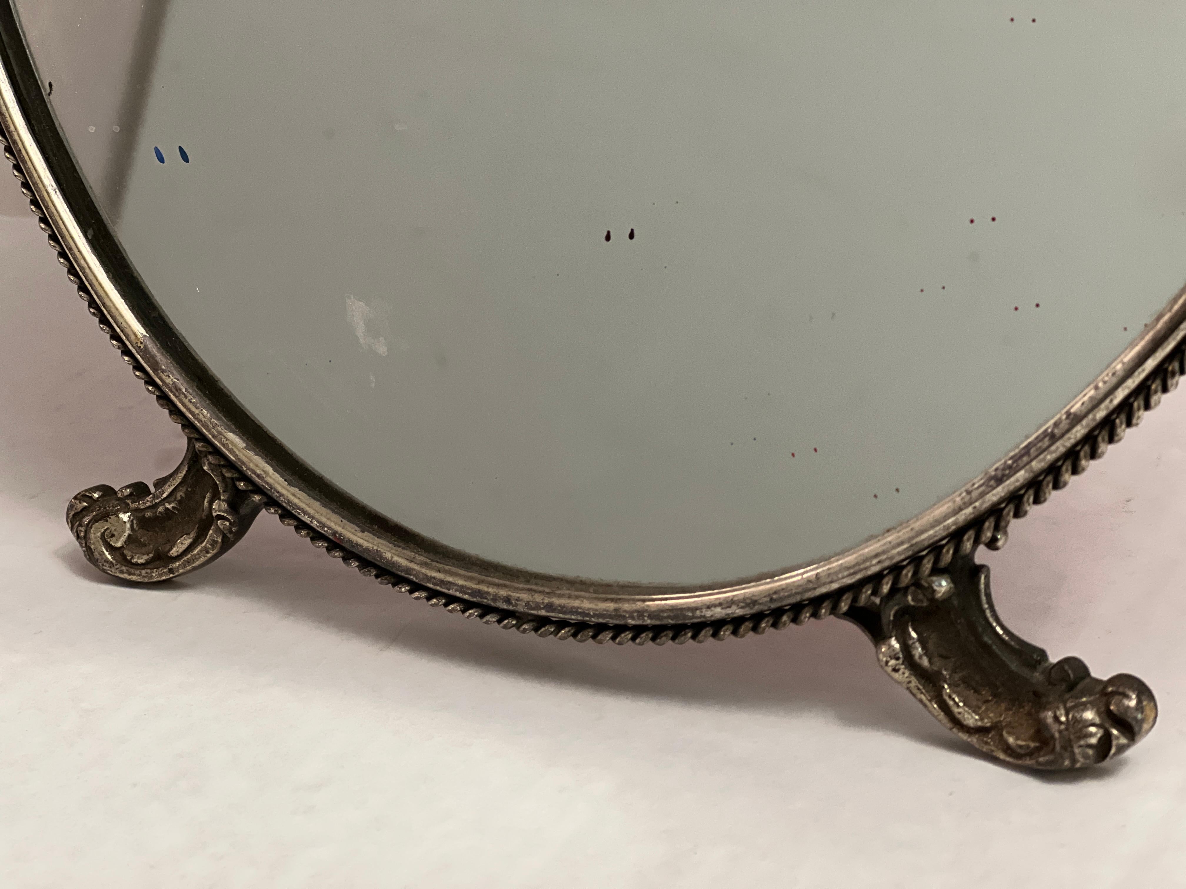 Argent Antique Français Vintage Silver Plate Table Vanity Mirror  en vente