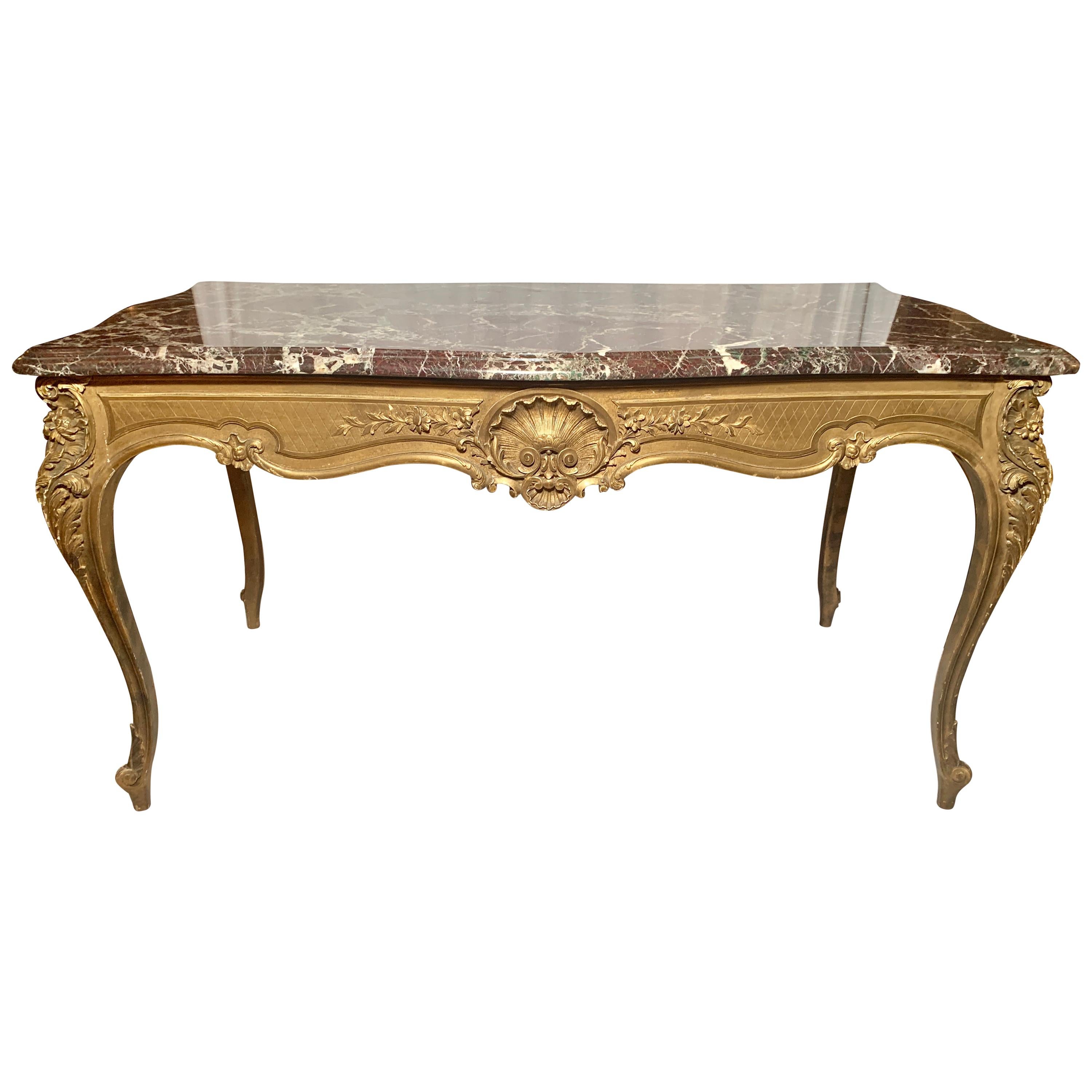 Antique French Violet Marble Gold Leaf Center Table