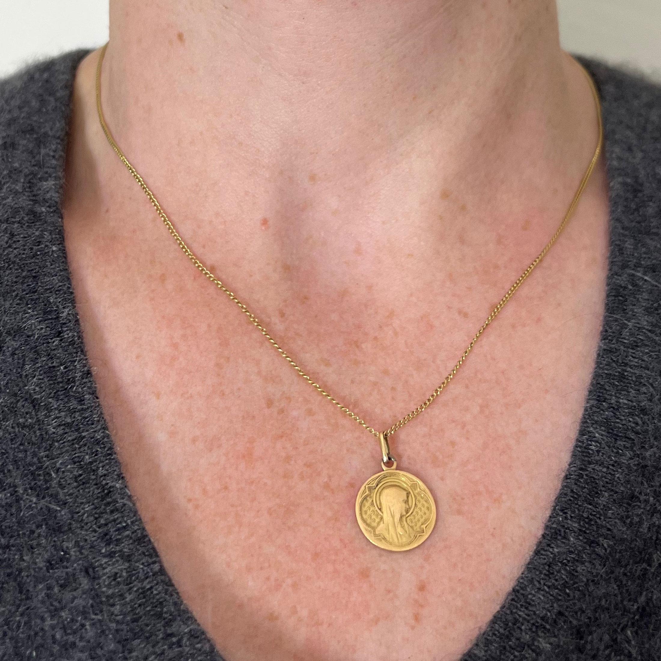 Women's or Men's Antique French Virgin Mary 18K Yellow Gold Medal Pendant For Sale
