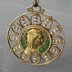 Antique French Virgin Mary 18K Yellow Gold Plique-a-Jour Enamel Pearl Pendant