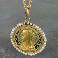 Antique French Virgin Mary 18K Yellow Gold Plique-a-Jour Enamel Pearl Pendant