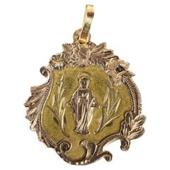 Antique French Virgin Mary Floral 18K Yellow Rose Gold Religious Pendantal Medal