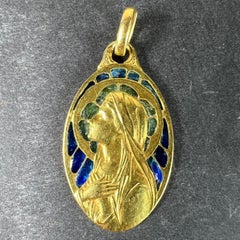 Antique French Virgin Mary Plique A Jour Enamel 18K Yellow Gold Pendant Medal