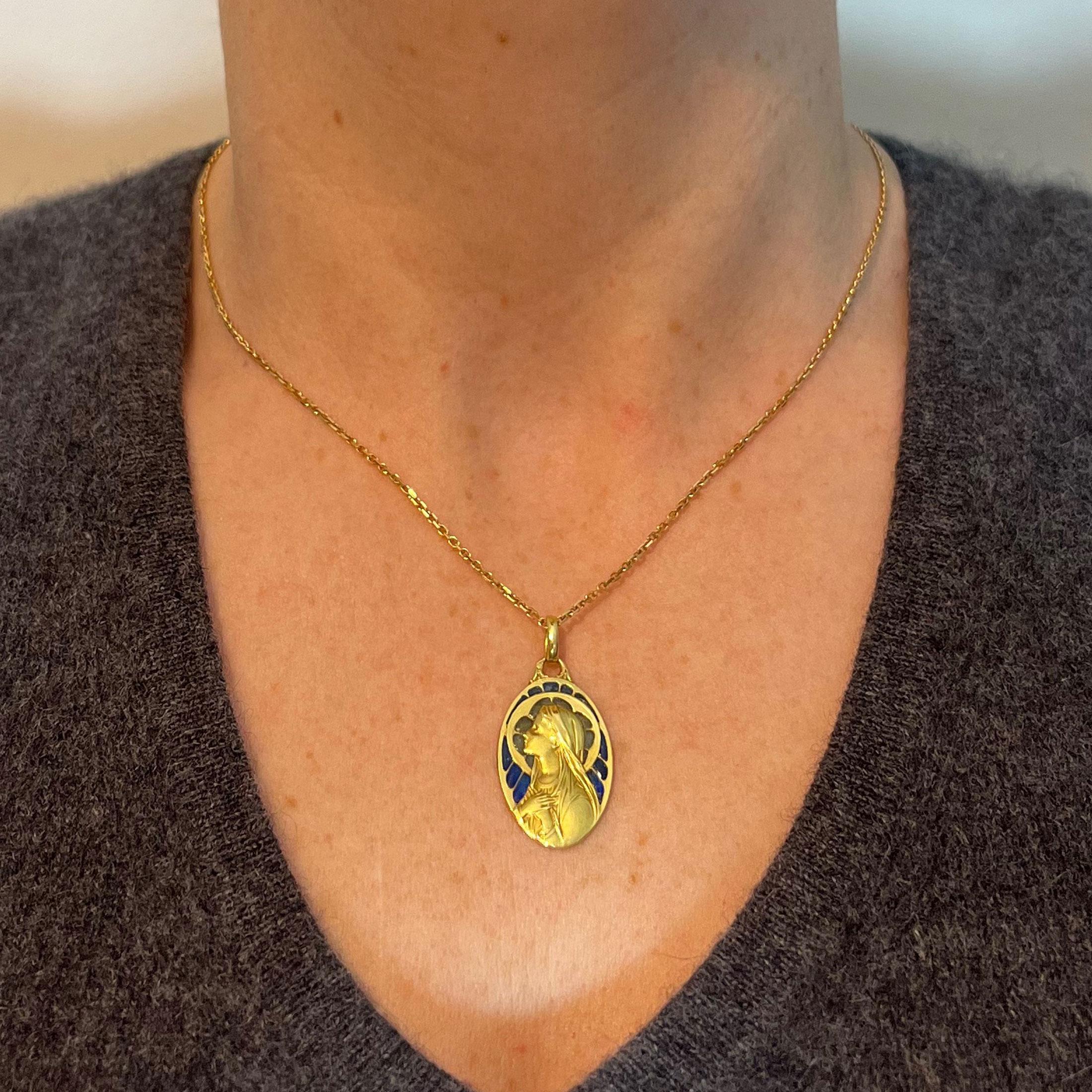 Antique French Virgin Mary Plique A Jour Enamel 18K Yellow Gold Pendant ...