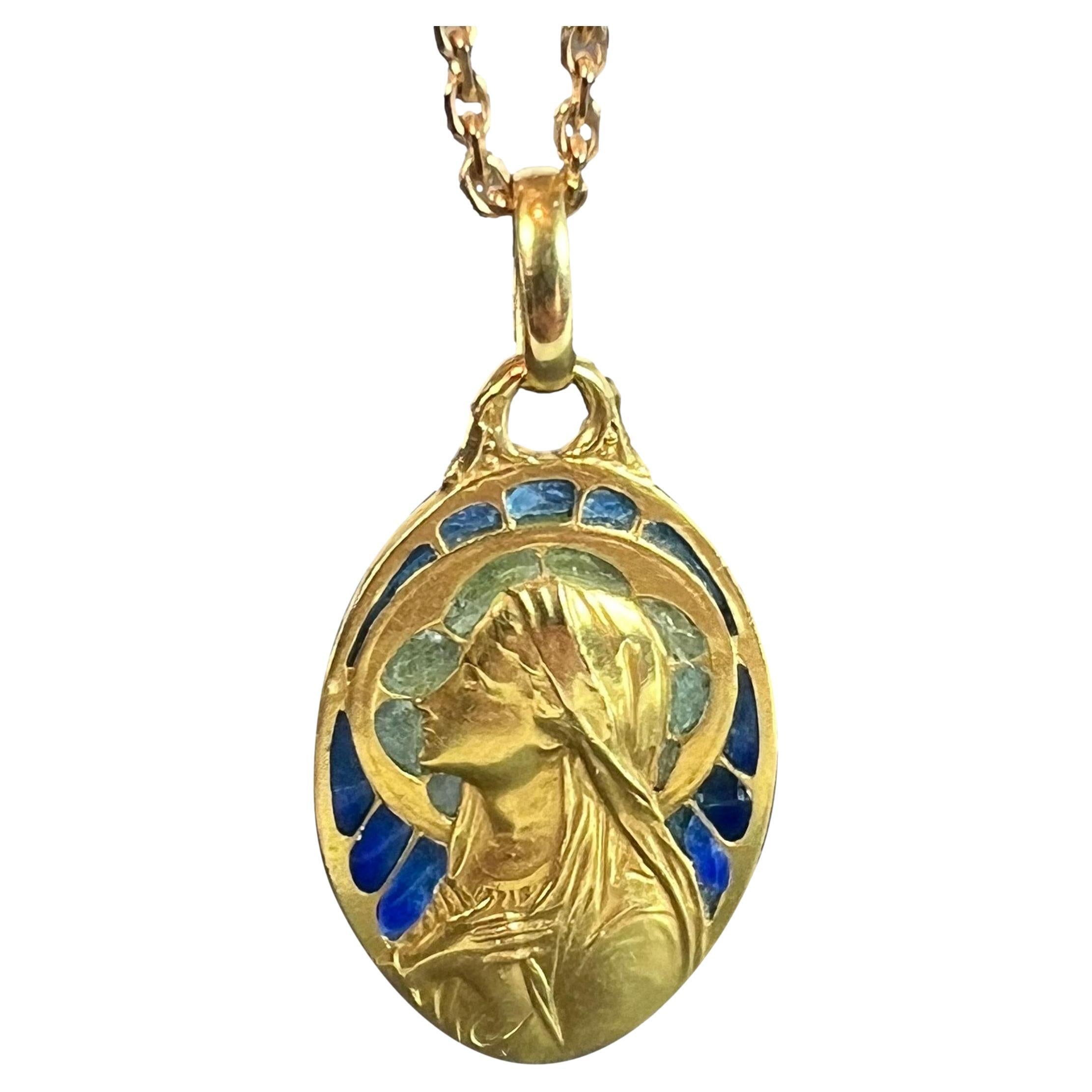 Antique French Virgin Mary Plique A Jour Enamel 18K Yellow Gold Pendant Medal