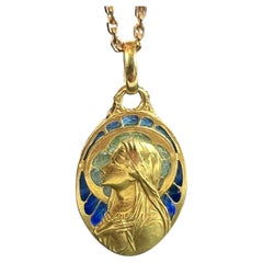 Antique French Virgin Mary Plique A Jour Enamel 18K Yellow Gold Pendant Medal