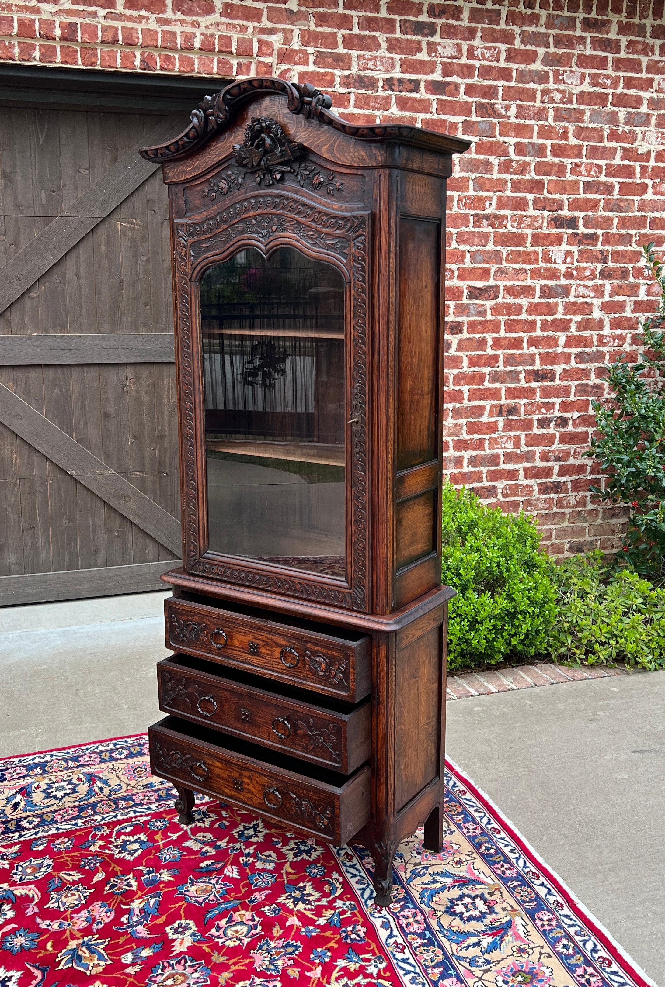 Antique French Vitrine Over Chest of Drawers Bonnetiere Bookcase Oak Carved 19C For Sale 6