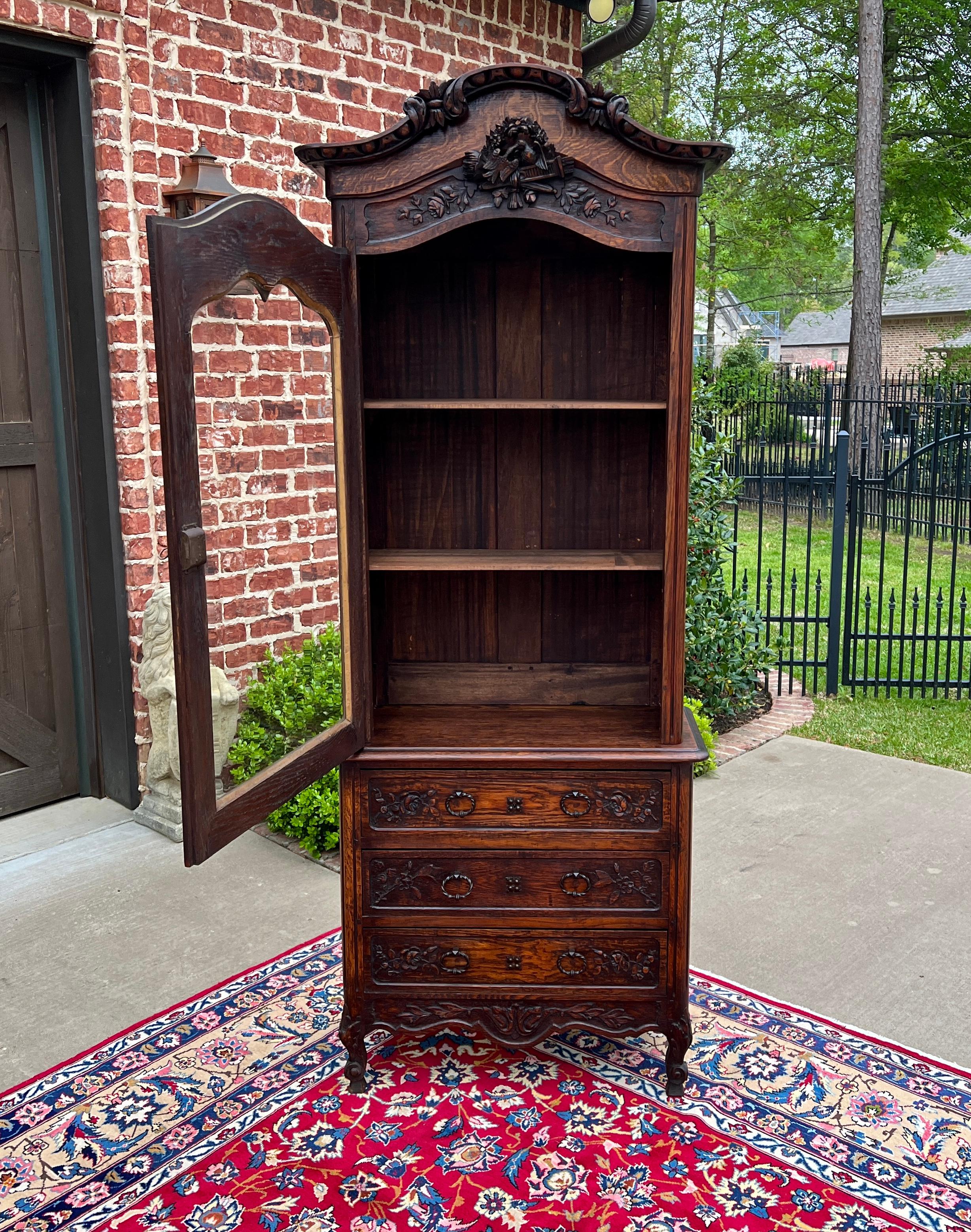 Antique French Vitrine Over Chest of Drawers Bonnetiere Bookcase Oak Carved 19C For Sale 7