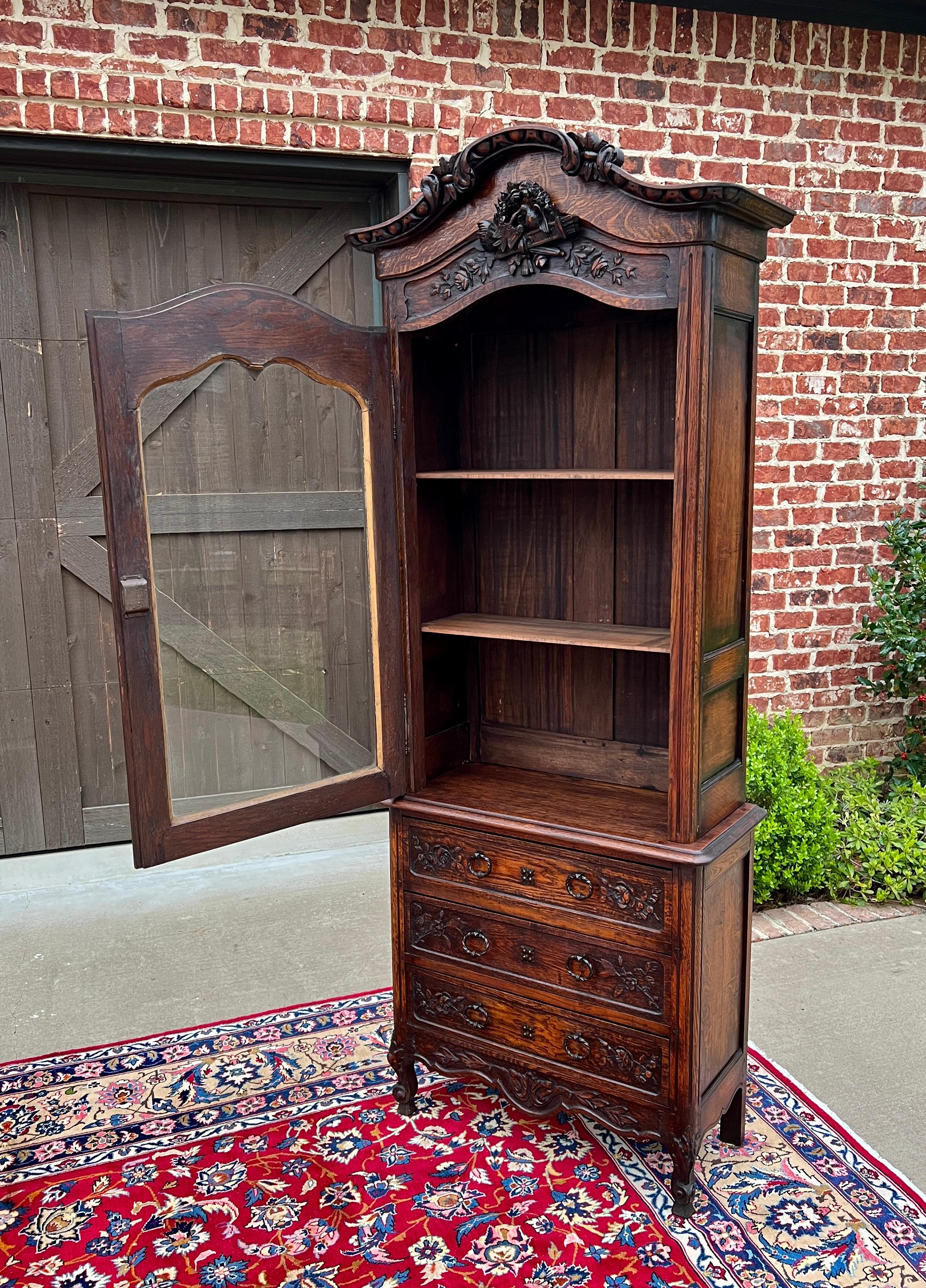 Antique French Vitrine Over Chest of Drawers Bonnetiere Bookcase Oak Carved 19C For Sale 8
