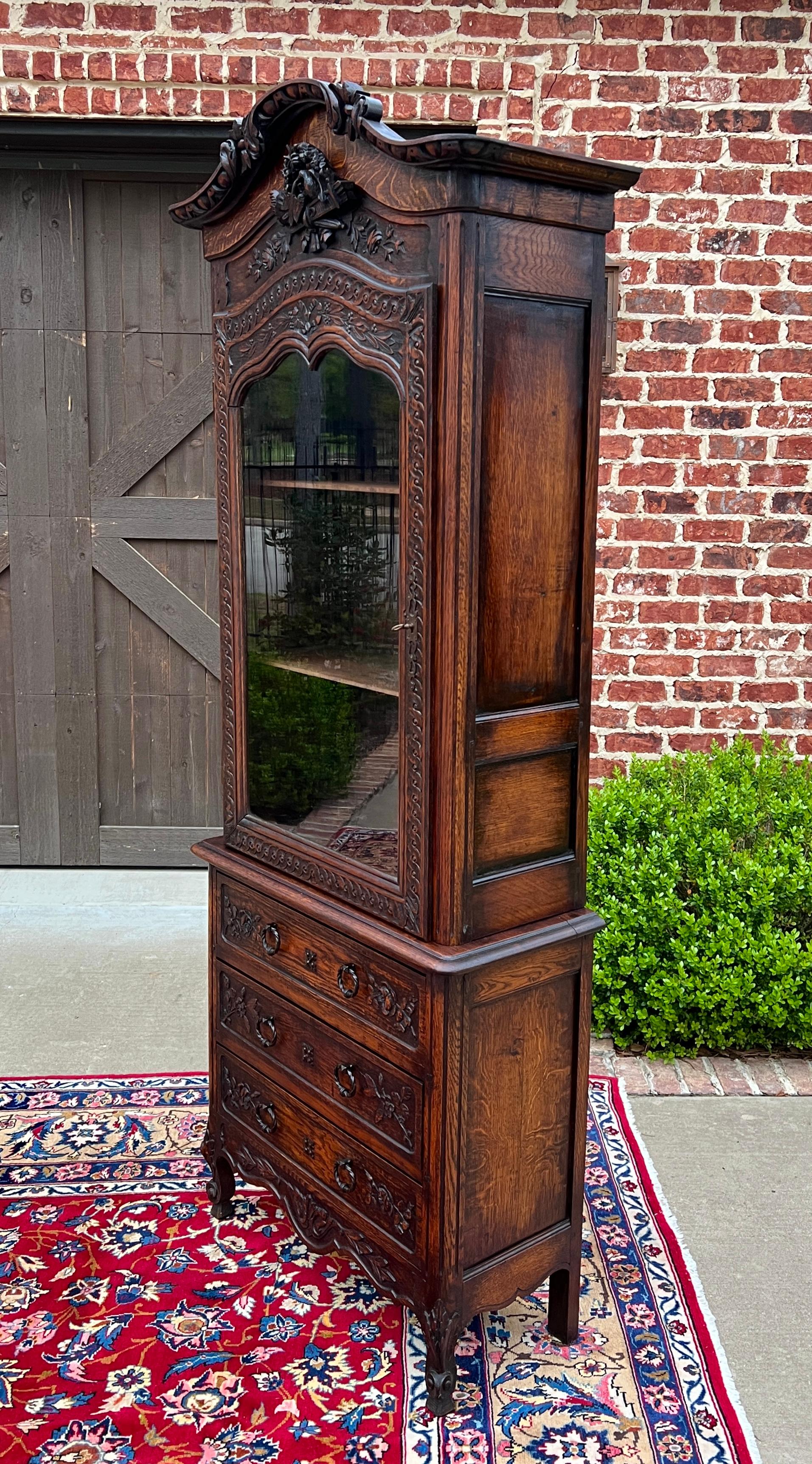 Renaissance Revival Antique French Vitrine Over Chest of Drawers Bonnetiere Bookcase Oak Carved 19C For Sale